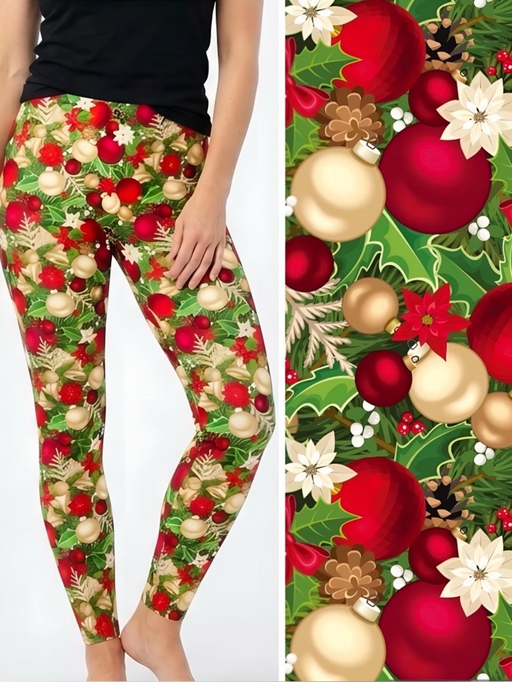 Christmas Green Red Gold Ornaments Holiday Yoga High Waisted Dream Leggings NWT